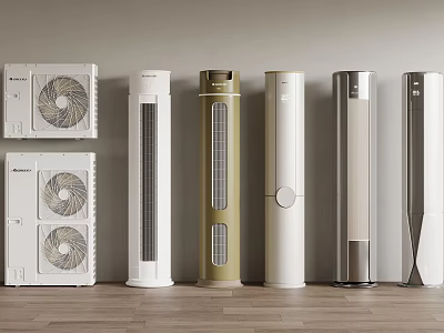 Air Conditioner Fans With Various Modern Designs Arranged In Row On Wooden Floor 3d model