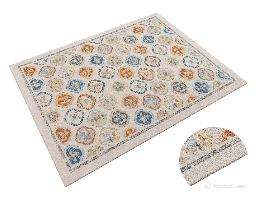 Square Carpet With Colorful Geometric Patterns Beige Base And Blue Orange Accents 3d model 