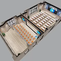 School Multipurpose Room with White Orange Chairs Large Screens Wooden Strip Ceiling and Lighting