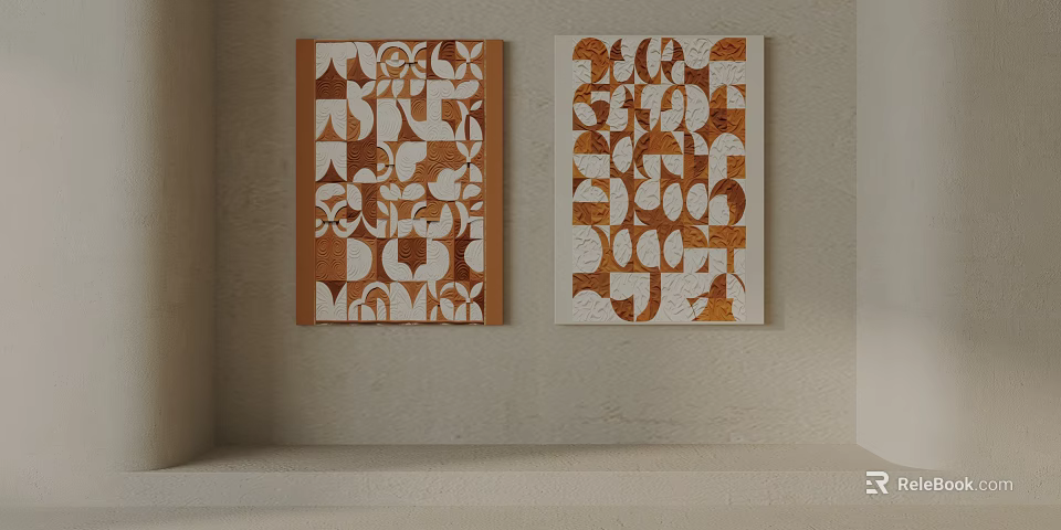 Two Modern Decorative Paintings With Geometric Patterns In Brown And White 3d model