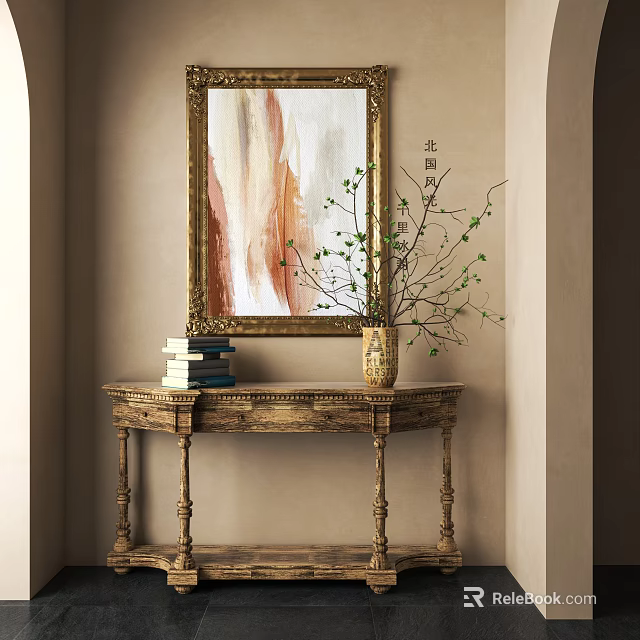 Elegant Console Table with Books Vase Green Leaf Branches and Golden Framed Wall Painting 3d model 