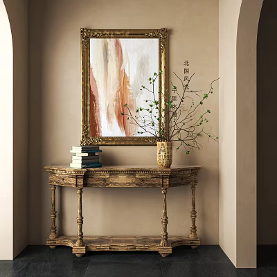 Elegant Console Table with Books Vase Green Leaf Branches and Golden Framed Wall Painting 3d model