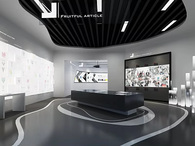 Modern Showroom Interior Design With Curved Ceiling Wall Display Graphics Central Table And Curved Floor 3d model