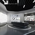 Modern Showroom Interior Design With Curved Ceiling Wall Display Graphics Central Table And Curved Floor