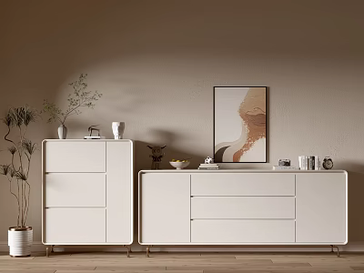 Elegant White Console Cabinet And Sideboard Interior With Plants Wall Painting Decorations Wooden Floor 3d model