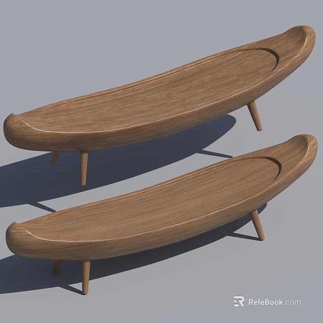 Light Brown Wooden Boat Shaped Tables with Slender Legs on Gray Background 3d model 