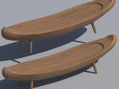 Light Brown Wooden Boat Shaped Tables with Slender Legs on Gray Background 3d model