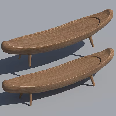 Light Brown Wooden Boat Shaped Tables with Slender Legs on Gray Background 3d model
