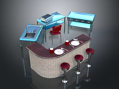 Curved Bar Counter With Light Tiled Base Red Stools White Plates And Red Cups 3d model