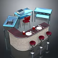 Curved Bar Counter With Light Tiled Base Red Stools White Plates And Red Cups