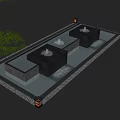 Modern Outdoor Water Fountain With Square Structure Waterfalls Lush Green Plants And Decorative Lanterns