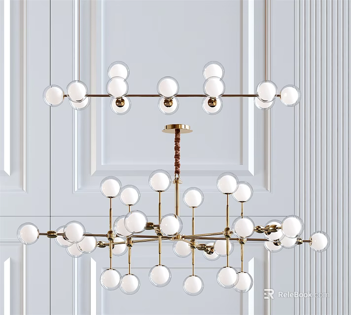 Modern Chandelier With Gold Metal Frame And White Glass Globe Shades For Contemporary Home Decor 3d model 