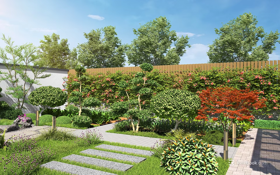 Beautiful Park Landscape With Lush Green Plants Stone Pathway And Colorful Trees 3d model 