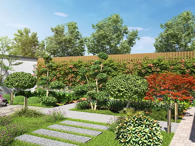 Beautiful Park Landscape With Lush Green Plants Stone Pathway And Colorful Trees 3d model