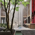 Elegant Hotel Lobby With Glass Skylight Artistic Chandelier Red Wall And Green Plants