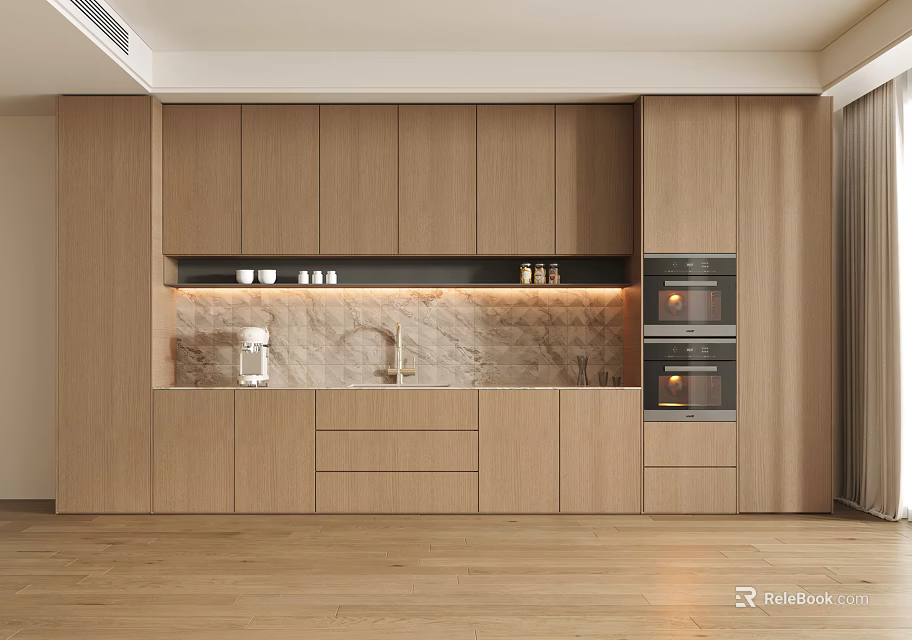 Modern Wooden Sideboard Design In Kitchen With Marble Countertop Cabinets Drawers And Appliances 3d model 