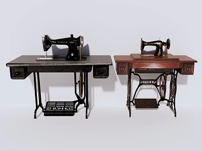 Vintage Sewing Machine Decorative Ornament Set with Black Table and Brown Table 3d model
