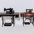 Vintage Sewing Machine Decorative Ornament Set with Black Table and Brown Table 3d model