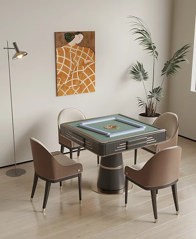 Modern Entertainment Table With Mahjong Layout Brown Chairs Floor Lamp Wall Art And Green Plants 3d model
