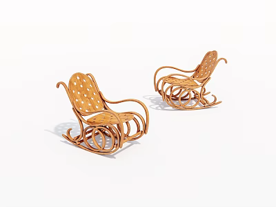 Two Wicker Rocking Lounge Chairs With Perforated Design And Curved Rockers 3d model