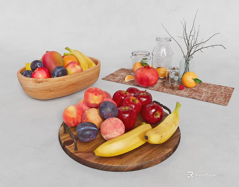 Assorted Fresh Fruits on Wooden Bowl and Board with Glass Jars Woven Mat Decorative Branches 3d model 