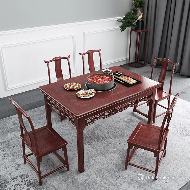 Chinese Style Solid Wood Dining Table Set With Mahogany Chairs And Hotpot Dining Scene 3d model 