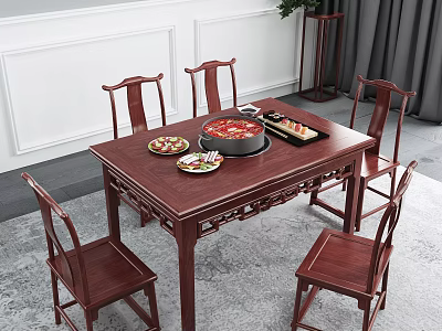 Chinese Style Solid Wood Dining Table Set With Mahogany Chairs And Hotpot Dining Scene 3d model