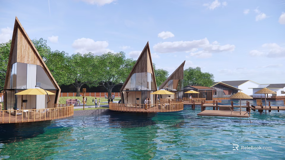 Scenic Waterfront Guesthouse Wooden Architecture Pointed Roofs Over Blue Water Green Trees Yellow Umbrellas 3d model 