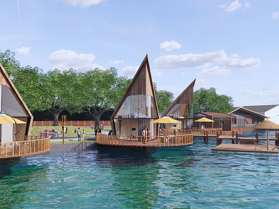 Scenic Waterfront Guesthouse Wooden Architecture Pointed Roofs Over Blue Water Green Trees Yellow Umbrellas 3d model