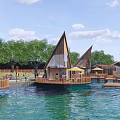 Scenic Waterfront Guesthouse Wooden Architecture Pointed Roofs Over Blue Water Green Trees Yellow Umbrellas