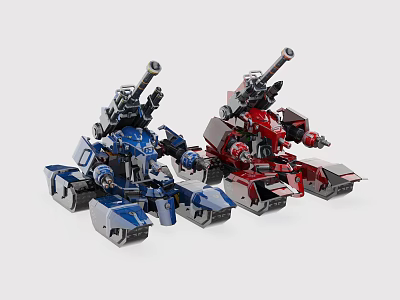 Blue And Red Lego Mechanical Robot Models With Cannons And Armored Design 3d model