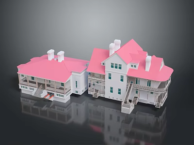 Detailed White Buildings Featuring Pink Roofs Multiple Windows Chimneys And Stairs 3d model