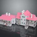 Detailed White Buildings Featuring Pink Roofs Multiple Windows Chimneys And Stairs