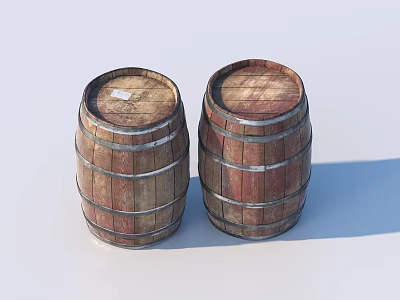 Two Rustic Wooden Barrels With Metal Hoops For Home Storage And Decor 3d model