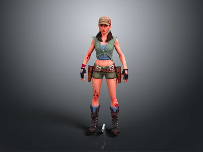 Adventurous Woman Wearing Green Vest Shorts Wrist Guards Boots With Blood Stains Holding Hammer 3d model
