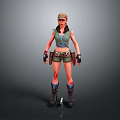 Adventurous Woman Wearing Green Vest Shorts Wrist Guards Boots With Blood Stains Holding Hammer
