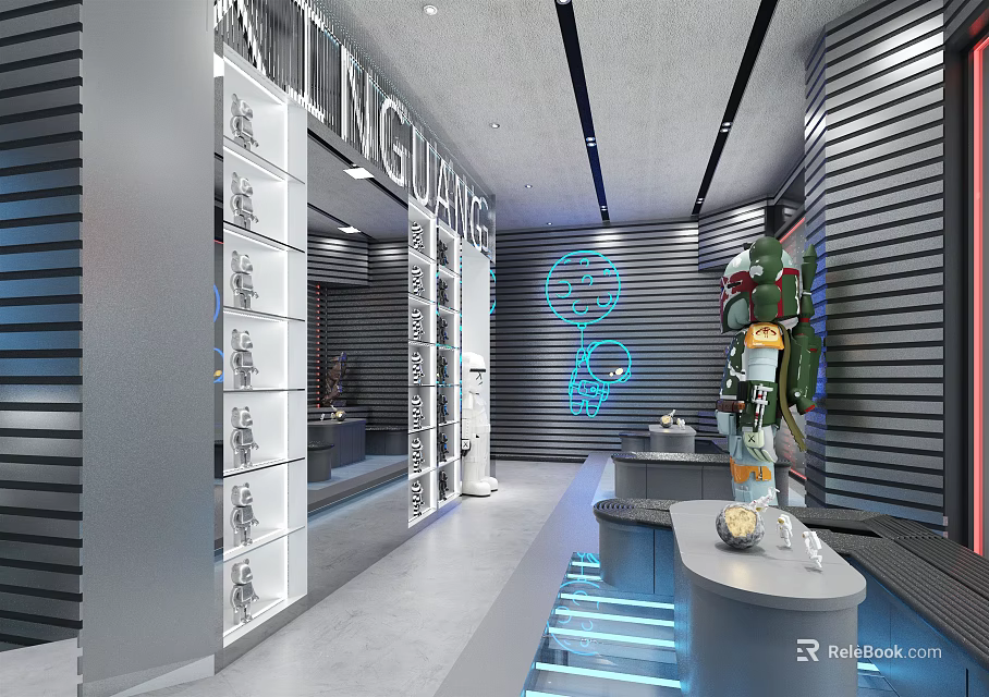 Modern Showroom Interior Design With Glass Display Cases LED Lighting And Wall Panels 3d model 