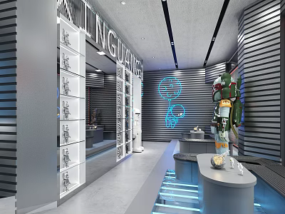 Modern Showroom Interior Design With Glass Display Cases LED Lighting And Wall Panels 3d model
