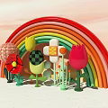 Vibrant Rainbow Arch with Playful Colorful Decorative Flowers in Pastel Sky
