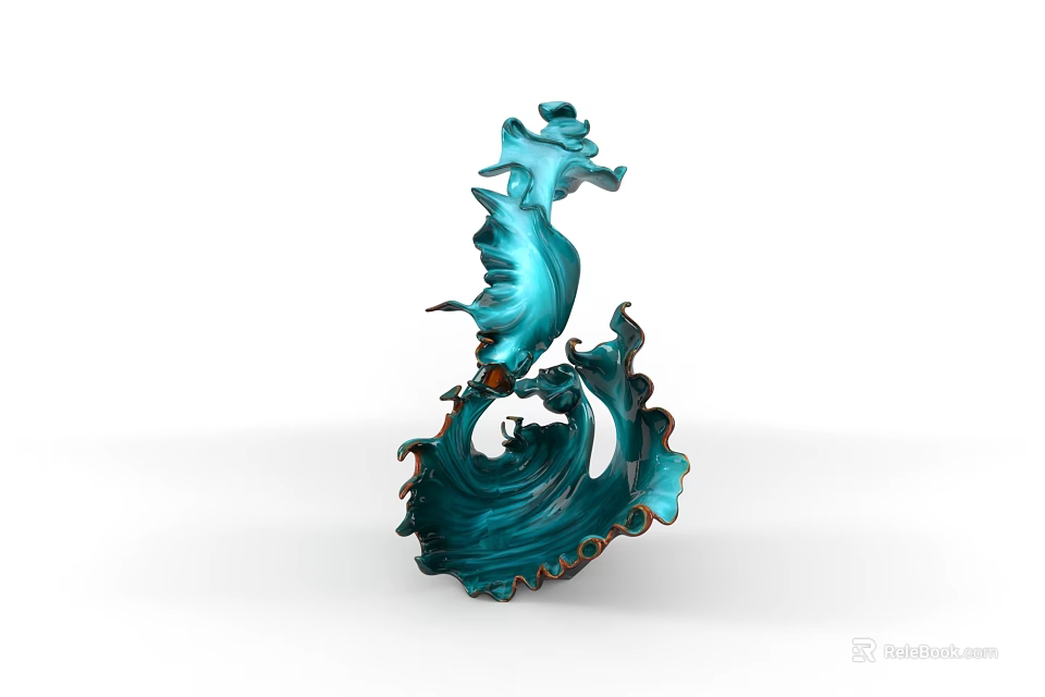Artistic Teal Blue Ceramic Vessel With Seahorse Shape And Wave Base 3d model 