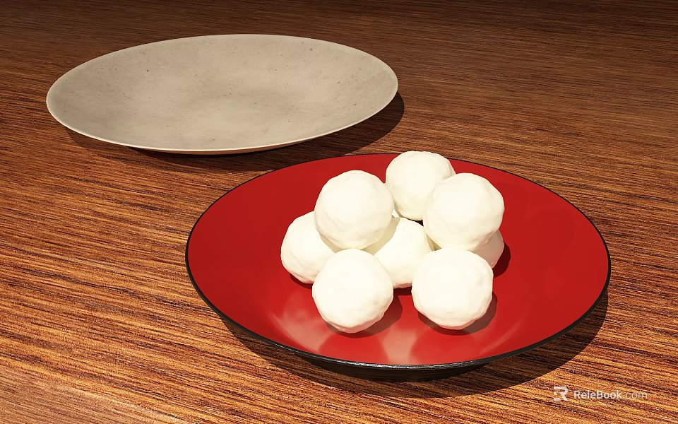 White Dumplings Served on Red Plate with Gray Plate on Wooden Surface 3d model 