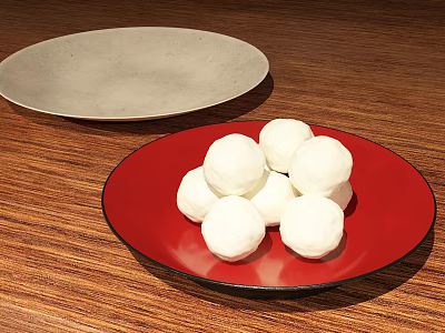 White Dumplings Served on Red Plate with Gray Plate on Wooden Surface 3d model