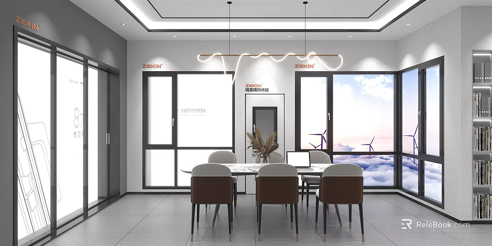 Modern Interior Design With White Round Table Brown Chairs And Windmills Outside Windows 3d model