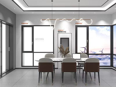 Modern Interior Design With White Round Table Brown Chairs And Windmills Outside Windows 3d model