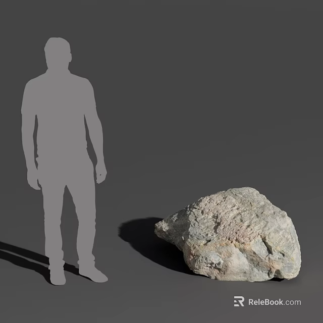 Human Silhouette Standing Beside Large Textured Rock on Gray Background 3d model