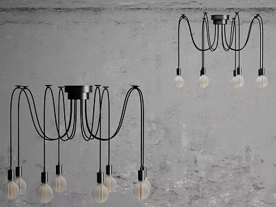 Modern Black Metal Curved Chandelier With Transparent Bulbs And Grey Wall Background 3d model