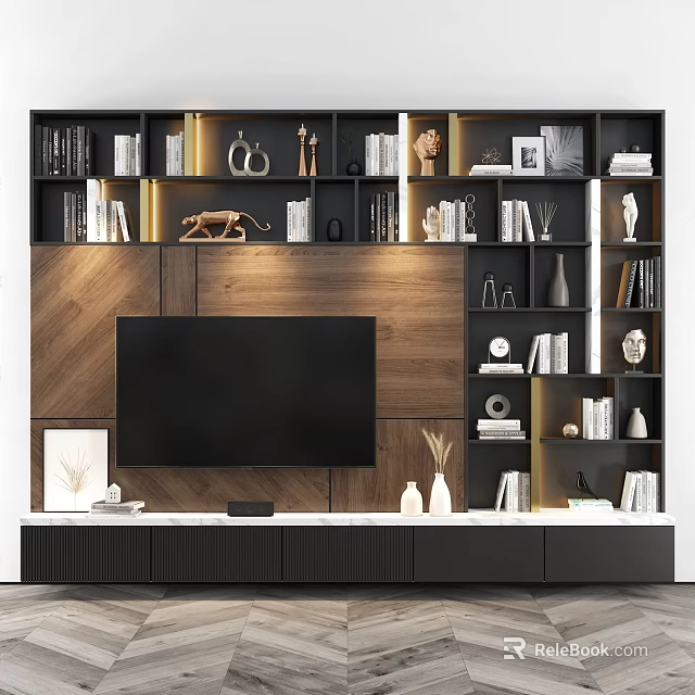 Modern Wooden Black TV Wall Unit With Bookshelves Decorative Vase Sculpture And TV 3d model 