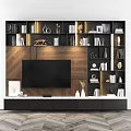 Modern Wooden Black TV Wall Unit With Bookshelves Decorative Vase Sculpture And TV