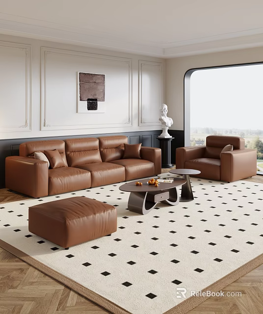 Brown Leather Sofa And Coffee Table Set With Armchair Ottoman And Patterned Rug 3d model