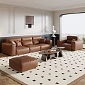Brown Leather Sofa And Coffee Table Set With Armchair Ottoman And Patterned Rug 3d model
